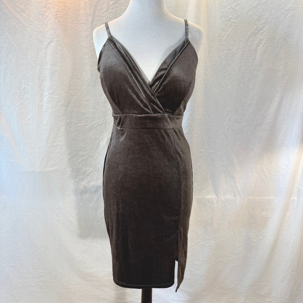 Haute Monde Brown Velvet Rhinestone Strap Cocktail Dress L EUC Dark Romance Goth